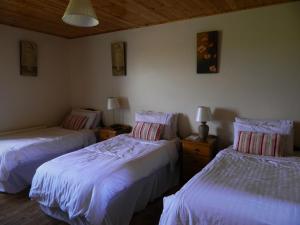 a bedroom with two beds with white sheets and wooden ceilings at Doolin House in Doolin
