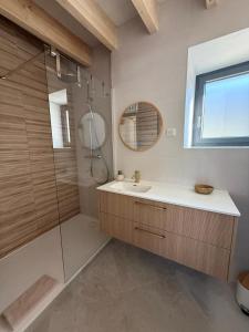 ein Badezimmer mit Dusche, Waschbecken und Spiegel in der Unterkunft Charmante maison rénovée avec terrasse et jardin in Crillat