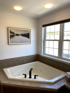 een groot bad in een badkamer met 2 ramen bij 11-Acre Retreat I Firepit, Pickleball and Nature 