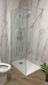 a glass shower in a bathroom with a toilet at Golega Boutique Apartment By Gt House in Golegã