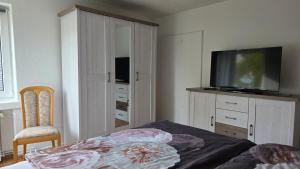 Un dormitorio con una cama y un televisor sobre una cómoda. en Haus 21, en Bad Nenndorf