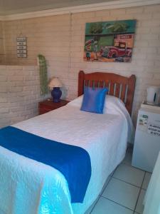 a bedroom with a bed with a blue pillow on it at Pumba's B&B in Sannieshof