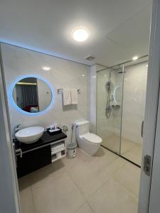 ハノイにあるHotel Villa Juのトイレ、洗面台、シャワー付きのバスルーム