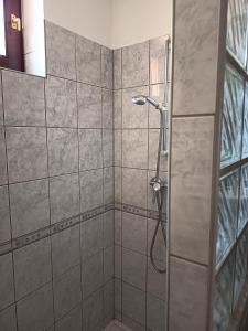 a shower with a shower head in a bathroom at Várkert Panzió in Miskolc
