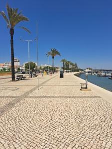 a cobblestone sidewalk with palm trees next to the water at Portimao in Bicas
