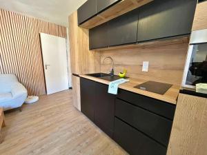a kitchen with a sink and a counter top at Hôtel La Rencluse in Luchon