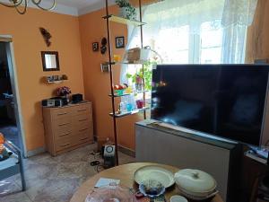 a living room with a large screen tv and a table at biofarma in Chrudim
