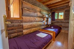 a bedroom with two beds in a log cabin at Camping Alsace Les Castors in Burnhaupt-le-Haut