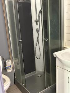 une salle de bain avec une douche, des toilettes et un lavabo dans l'établissement Appartement confortable à Baie-Mahault, 35 m² avec terrasse, à Baie-Mahault