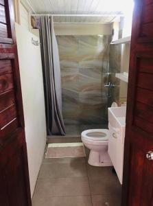 a small bathroom with a toilet and a shower at Charming apartment in Albion with shared pool, 20.3 m² in Albion
