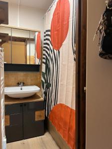 a bathroom with a sink and a shower curtain at Studio panoramique Notre-Dame-de-Bellecombe - 20 m² - balcon sud in Notre-Dame-de-Bellecombe
