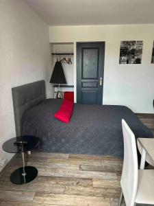 a bedroom with a large bed with a red pillow at Charmant studio près de Sancheville - 27 m² - 2 pers in Bercis