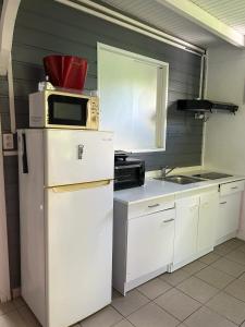 La cuisine est équipée d'un réfrigérateur blanc et d'un four micro-ondes. dans l'établissement Appartement confortable à Baie-Mahault, 35 m² avec terrasse, à Baie-Mahault
