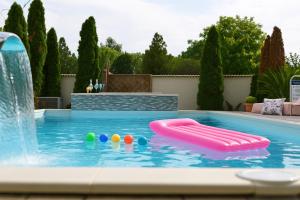 een zwembad met een roze opblaasbaar vlot in het water bij Amfora Panzió in Gyula