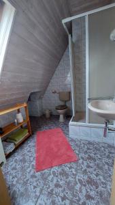 a attic bathroom with a sink and a toilet at Ferienwohnung zum Holzwurm in Friedersdorf