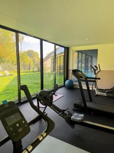 a gym with two tread machines and a large window at Hôtel Lac d'Orient in Mesnil-Saint-Père