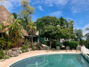 a swimming pool in front of a house with chairs and trees at Viajero Bacalar Hostel in Bacalar