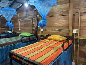 two beds in a room with wooden walls at Sigiriya Rastha 99 Hostel in Sigiriya