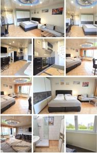 een collage van foto's van een slaapkamer en een woonkamer bij Leuchtturm in Schönberg