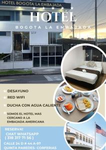 a flyer for a hotel in front of a building at Hotel Bogotá la embajada in Bogotá