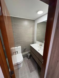 a bathroom with a toilet and a sink and a mirror at Frente a Playa Brava, Cerca Cavancha, WiFi in Iquique
