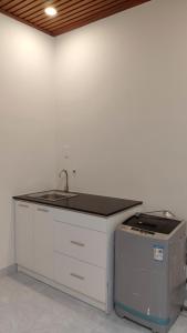 een keuken met een spoelbak en een aanrechtblad bij Amy Hotel & Apartment in Da Thanh +24 foto's
