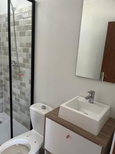 een badkamer met een wastafel, een toilet en een spiegel bij Porfiado in La Paloma