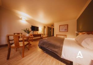a hotel room with a bed and a desk and a chair at Almasur Punta Arenas in Punta Arenas