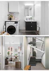 ストックホルムにあるBright and modern studio with a great locationのキッチン、リビングルーム(洗濯機付)
