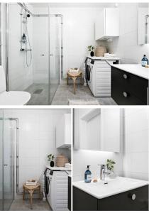 ストックホルムにあるBright and modern studio with a great locationの洗面台とシャワー付きのバスルーム