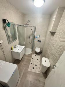 a bathroom with a shower and a toilet and a sink at Montê Apartment in Beograd
