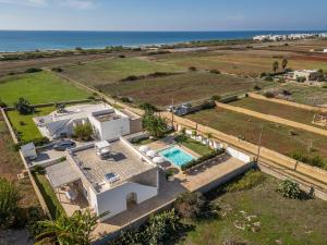 an aerial view of a house with a swimming pool and the ocean at Villa Palibella in Torre Pali 