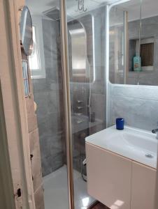 a bathroom with a white sink and a shower at petite maison sans vis a vis in Thoirette