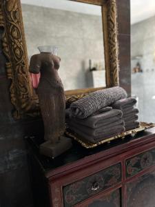 einen Spiegel auf der Kommode mit Handtüchern in der Unterkunft Gnaden -und Ferienhof Saale Wittgenstein in Schorstedt