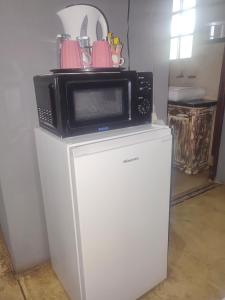 a microwave sitting on top of a white refrigerator at Clarky's Pride Lodge in Alldays