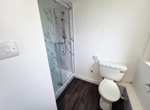 une salle de bain avec toilettes et douche dans l'établissement Lovely 4 Bed Dudley Home, à Sedgley