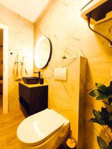 a bathroom with a white toilet and a mirror at DiViNI apartment in Zadar