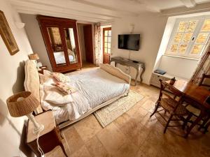 a bedroom with a bed and a desk and a television at Le Coin Tranquille in La Roque-Gageac