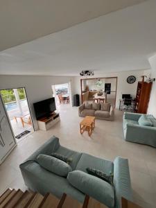 a large living room with couches and a television at Villa Manakit in Petit-Bourg