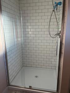 a shower with a glass door and white tiles at Cabin at the Hill, Close to Big Bend National Park and Terlingua Ghost Town in Terlingua