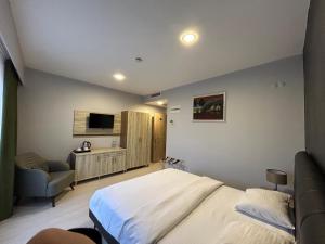 a bedroom with a bed and a chair and a television at TUNA OTEL in Gelibolu