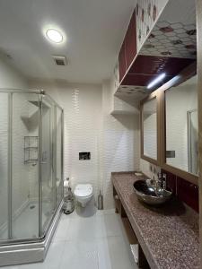 a bathroom with a shower and a toilet and a sink at TUNA OTEL in Gelibolu