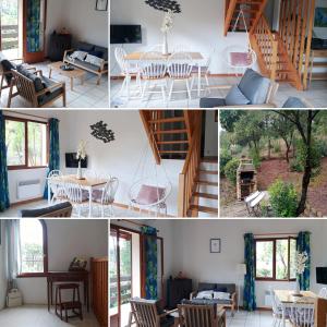 een collage van foto's van een woonkamer en eetkamer bij Villa Horizon in Lacanau +28 foto's