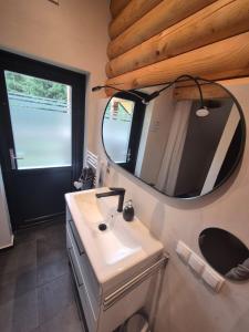 een badkamer met een wastafel en een spiegel bij Trahütti Premium Lodges in Trahütten +52 foto's