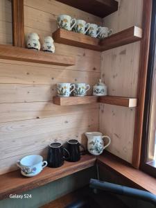 une étagère en bois avec des tasses et des bols dans l'établissement Haus Evelynchen auf Rädern Deutschhof, à Deutschhof