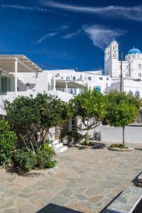 a group of trees in a courtyard with buildings at Geronti Moscha Apartment in Apollonia