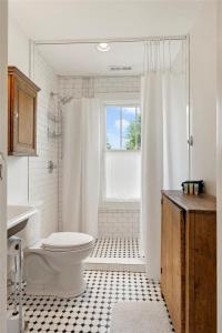 a white bathroom with a toilet and a window at Witek Rinker House in Brevard +25 photos