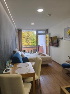 ウストロンにあるApartament Ustroń 20のベッドとテーブルと椅子のある部屋