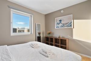 a bedroom with a large bed and a window at Aurora borealis Tromso in Tromsø +7 photos