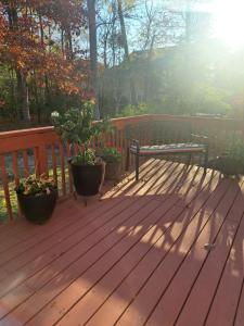 una terraza de madera con 2 macetas y un banco en The Cardinal Room, en Raleigh